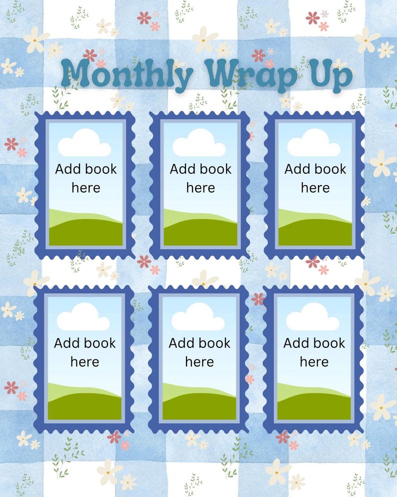 Puede incluir: Un fondo a cuadros azul claro y blanco con detalles florales y el texto "Monthly Wrap Up". Seis marcos rectangulares con bordes festoneados est&aacute;n dispuestos en la p&aacute;gina, cada uno con el texto "Add book here" y una ilustraci&oacute;n de paisaje.