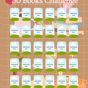 Puede incluir: Un gr&aacute;fico beige y verde de "30 Books Challenge" con una cuadr&iacute;cula de casillas con la etiqueta "Add books here". El t&iacute;tulo est&aacute; en una fuente decorativa. El fondo incluye ilustraciones de libros, tazas y flores.