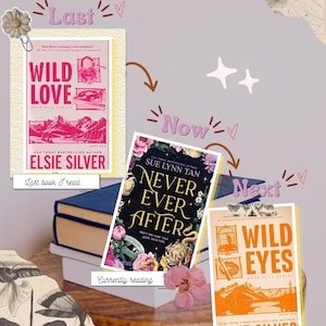 以下が含まれることがあります： エルシー・シルバー著『Wild Love』、スー・リン・タン著『Never Ever After』、エルシー・シルバー著『Wild Eyes』の3冊が、青と白の本の山の上に配置されています。画像には、装飾的な落書きとともに「Last」、「Now」、「Next」というテキストラベルが含まれています。