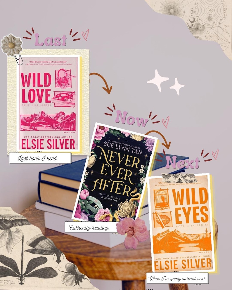 以下が含まれることがあります： エルシー・シルバー著『Wild Love』、スー・リン・タン著『Never Ever After』、エルシー・シルバー著『Wild Eyes』の3冊が、青と白の本の山の上に配置されています。画像には、装飾的な落書きとともに「Last」、「Now」、「Next」というテキストラベルが含まれています。