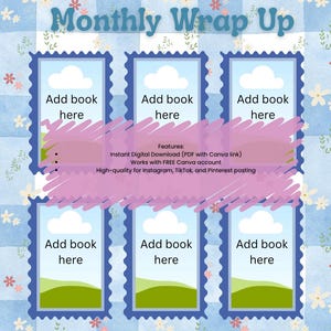 Puede incluir: Una plantilla digital con un fondo a cuadros azul y blanco, con seis marcos rectangulares con el texto "Add book here". El t&iacute;tulo "Monthly Wrap Up" se muestra en la parte superior. El dise&ntilde;o incluye acentos florales.
