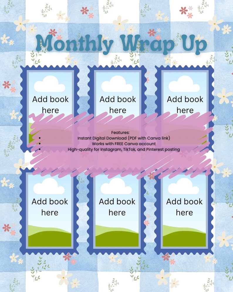 Puede incluir: Una plantilla digital con un fondo a cuadros azul y blanco, con seis marcos rectangulares con el texto "Add book here". El t&iacute;tulo "Monthly Wrap Up" se muestra en la parte superior. El dise&ntilde;o incluye acentos florales.