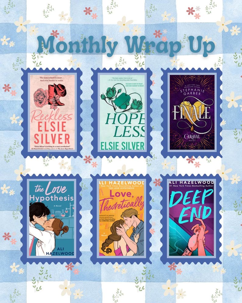 Puede incluir: Un collage de seis portadas de libros, cada una dentro de un marco azul con forma de sello postal, dispuestas sobre un fondo a cuadros azul y blanco. El texto "Monthly Wrap Up" est&aacute; en la parte superior. Los t&iacute;tulos incluyen "Reckless", "Hopeless", "Finale", "The Love Hypothesis", "Love, Theoretically" y "Deep End".