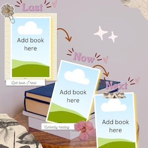 以下が含まれることがあります： Add book hereと書かれた3つの長方形のフレームと、Last、Now、Nextというキャプションが付いた読書トラッカーテンプレート。フレームは矢印や花、蛾のイラスト、星などの装飾要素と共に配置されています。