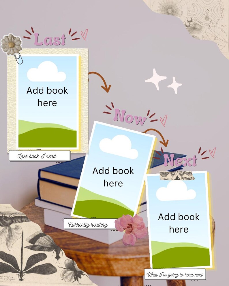 以下が含まれることがあります： Add book hereと書かれた3つの長方形のフレームと、Last、Now、Nextというキャプションが付いた読書トラッカーテンプレート。フレームは矢印や花、蛾のイラスト、星などの装飾要素と共に配置されています。