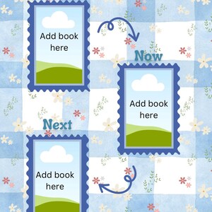 K&ouml;nnte beinhalten: Digitale Illustration eines B&uuml;chertrackers mit blau-wei&szlig; kariertem Hintergrund. Der Tracker hat drei Rahmen mit der Aufschrift "Last", "Now" und "Next", jeweils mit Platz f&uuml;r "Add book here". Dekorative Blumen und Pfeile sind ebenfalls vorhanden.