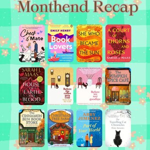 May include: A collage of book covers with titles like "Check & Mate," "Book Lovers," and "She Who Became the Sun." The image has a green and white checkered background with floral accents and the text "Monthend Recap" at the top.