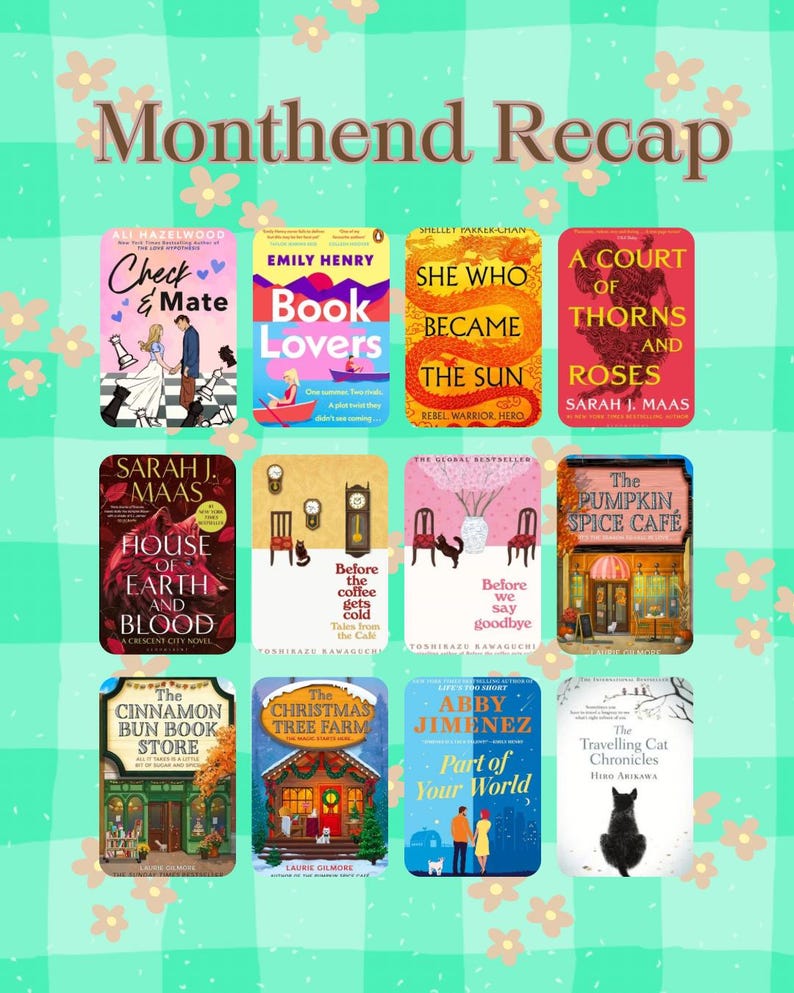 May include: A collage of book covers with titles like "Check & Mate," "Book Lovers," and "She Who Became the Sun." The image has a green and white checkered background with floral accents and the text "Monthend Recap" at the top.