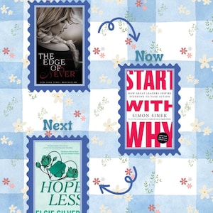 K&ouml;nnte beinhalten: Drei Buchcover auf einem blau-wei&szlig; karierten Hintergrund mit floralen Akzenten. Die B&uuml;cher sind "The Edge of Never", "Start With Why" und "Hopeless". Pfeile deuten auf eine Lesereihenfolge hin.