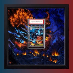 May include: Framed artwork featuring a graded trading card with a black frame. The card is set against a fiery, fantasy-themed background with orange and blue hues. The website www.mtcollectibles.com is visible.