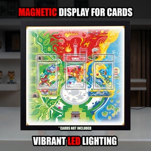 Könnte beinhalten: Schwarzer magnetischer Kartenhalter mit lebendiger LED-Beleuchtung. Die Anzeige zeigt einen farbenfrohen Hintergrund und drei Kartenhalter. Der Text auf der Anzeige lautet "MAGNETIC DISPLAY FOR CARDS", "CARDS NOT INCLUDED" und "VIBRANT LED LIGHTING".