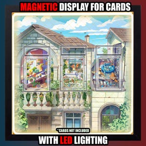 Könnte beinhalten: Ein schwarz gerahmtes magnetisches Display für Karten mit LED-Beleuchtung. Das Display zeigt drei transparente Hüllen mit farbenfrohen Kartenillustrationen vor dem Hintergrund eines Hauses. Der Text oben lautet "MAGNETIC DISPLAY FOR CARDS" und unten "WITH LED LIGHTING".