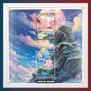 May include: A white square magnetic display frame for trading cards featuring integrated LED lighting. The display shows a fantasy landscape background with two Pokémon cards, Mega Audino-EX and Clefairy, and text stating CARDS NOT INCLUDED.