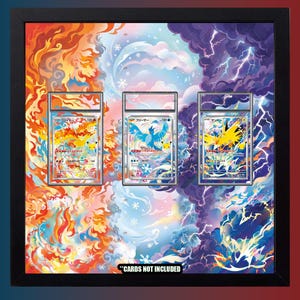 May include: A black rectangular frame containing three vertical slots for trading cards. The background features a vibrant illustration of fire, ice, and lightning elements. The text "CARDS NOT INCLUDED" is printed in white at the bottom center.