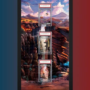 May include: A vertical black frame containing three graded trading cards arranged in a column. Each card is encased in a clear plastic slab with a red label reading www.asccollectibles.com. The background features a landscape illustration of a canyon.