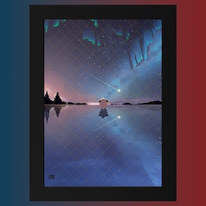 May include: Black framed art print featuring a celestial landscape with a starry night sky, a reflective body of water, and a small structure. The artwork includes a shooting star and a mirrored reflection. The word "Black" is at the top.