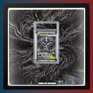 May include: A black square magnetic display frame for trading cards featuring integrated LED lighting. The frame contains a central clear protective case holding a Japanese trading card against a black and yellow abstract swirl background. Text reads MAGNETIC DISPLAY FOR CARDS, WITH LED LIGHTING, and CARDS NOT INCLUDED.