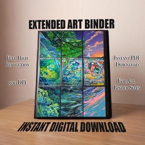 May include: A black binder featuring a grid of nine colorful, artistic illustrations of creatures and landscapes. Text on the image reads: EXTENDED ART BINDER, FULL HIGH RESOLUTION, 300 DPI, INSTANT PDF DOWNLOAD, FOR ALL BINDER SIZES, INSTANT DIGITAL DOWNLOAD.