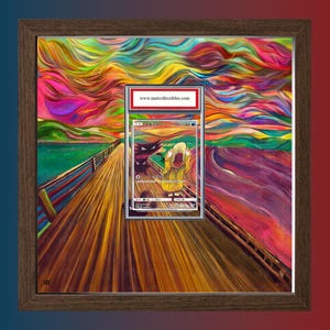 Peut inclure: Œuvre encadrée parodiant "Le Cri" d'Edvard Munch, avec une carte Pokémon au centre. L'arrière-plan présente un ciel tourbillonnant et coloré au-dessus d'une jetée en bois. La carte affiche le texte "www.mintcollectibles.com".