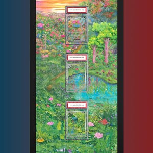 May include: A vertical black frame containing three vertically aligned, slabbed trading cards centered over a vibrant, detailed illustration of a lush garden landscape with a pond, trees, and flowers. Each card slab features a red label with the text www.asccollectibles.com.