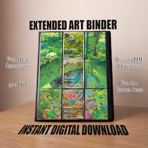 Pode incluir: Uma pasta preta com nove compartimentos para cartas colecionáveis, exibindo uma ilustração contínua de uma floresta verde e flores. O texto diz: EXTENDED ART BINDER, Full High Resolution, 300 DPI, INSTANT PDF DOWNLOAD, FOR ALL BINDER SIZES, INSTANT DIGITAL DOWNLOAD.