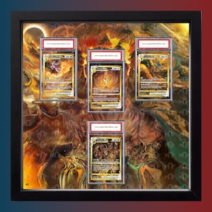 May include: A black framed display containing four graded trading cards arranged in a vertical and horizontal layout. Each card is encased in a clear plastic slab with a red label at the top featuring the text www.matcollectibles.com.