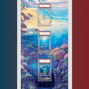 May include: Three graded trading cards featuring Squirtle, Wartortle, and Blastoise are displayed vertically in clear plastic cases. Each case has a red label with the text www.auroracollectibles.com, set against a vibrant underwater beach scene.