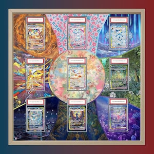 May include: A framed display featuring eight graded trading cards arranged in a circular pattern around a central card. Each card is encased in a protective plastic slab with a red label at the top. The background features colorful, segmented illustrations.