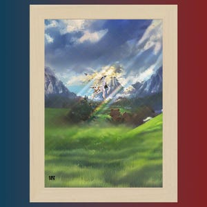May include: A framed art print labelled "Birch" showcases a colourful landscape. The artwork presents a mountain range, green fields, and a rainbow beneath a cloudy sky. The frame is light wood, and the print has a watermark at the bottom.