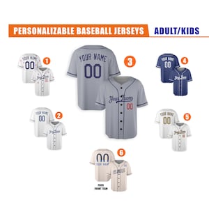 May include: Image of personalised baseball jerseys for adults and kids. The image shows several baseball jerseys in various colours, including white, grey, and navy blue. Each jersey has a different name and number on the back and front.