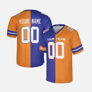May include: A split-color orange and blue jersey featuring a V-neck collar and short sleeves. The front displays the text YOUR TEAM and the number 00 in white. The back shows the text YOUR NAME and the number 00 in white with blue and orange stripes.