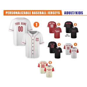 May include: A collection of customizable baseball jerseys in various colors, including white, red, black, and cream. Each jersey features the option to add a name and number. The text "PERSONALIZABLE BASEBALL JERSEYS ADULT/KIDS" is displayed at the top.