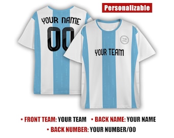 Personalisierte Argentinien Jersey, Weiß Himmelblau, Kinder Erwachsene Größen, fügen Sie Name & Zahl
