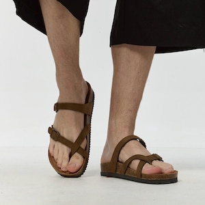 Brown Leather Cross-Strap Cork Sandals | Unisex Adjustable Buckle Slip-On Shoes | Comfortable Summer Slides for Men & Women