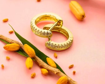 Gold Plated Sterling Silver CZ Huggie Earrings |Small Round Hoop Studs | Minimalist Everyday Jewelry | Silver White & Yellow Gold Options