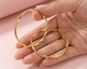 女性用ゴールドフープピアス｜925スターリングシルバー製、軽量・低アレルギー性｜大きめフープピアス（30｜40｜50｜60mm）、普段使いのジュエリーギフト