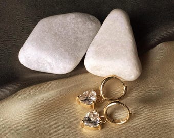 Heart CZ Dangle drop Huggie Earrings - Gold Drop Hoops - Minimalist Earrings -Tiny Huggie Earrings  Simple Earrings -Dangle Drop earrings