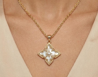 14K Gold Plated Clover Necklace for Women Dainty Layered Chain CZ Pearl Pendant Adjustable Lucky Jewelry Gift Woman & Men (Gold)Gift For Her