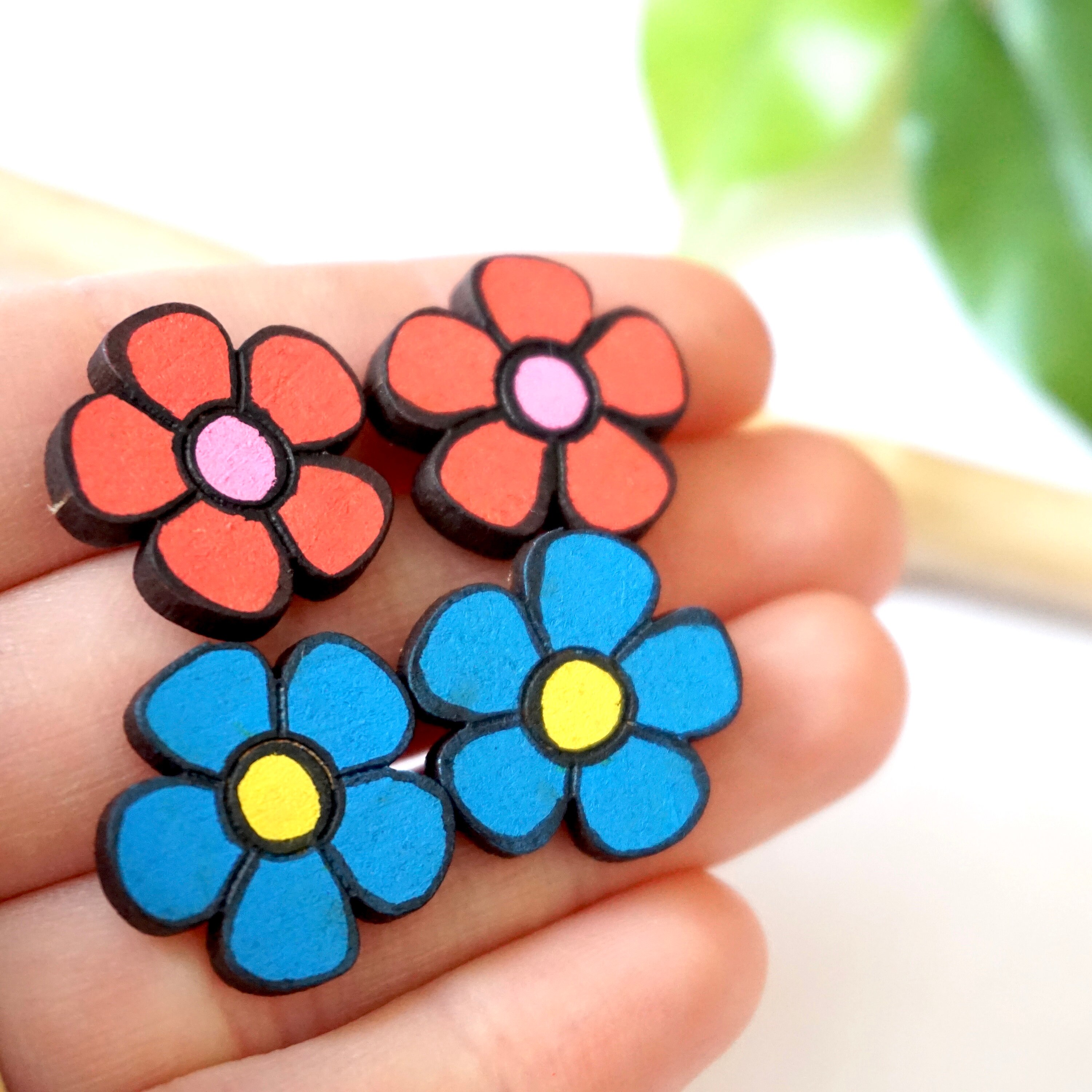 Wooden flower earrings retro colourful stud earrings Etsy