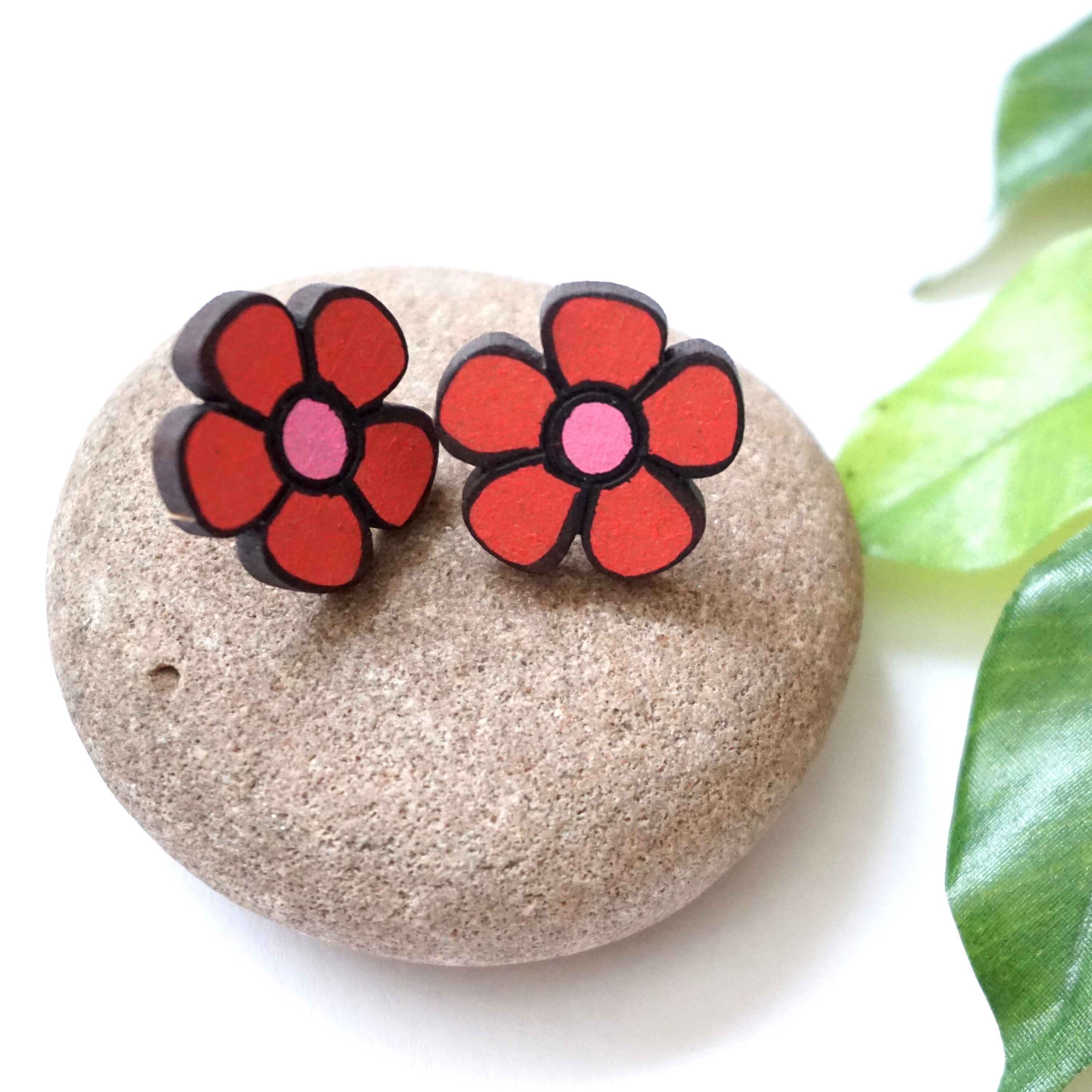 Wooden flower earrings retro colourful stud earrings Etsy