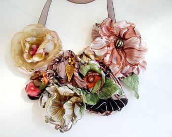 Brown pastel  tones Fabric Flowers Fall Autumn  Bib Necklace .........reserve for Tracy C