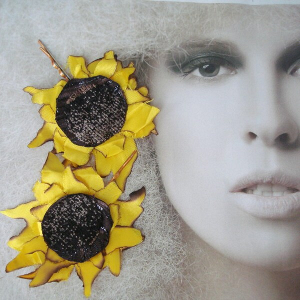 Mustard Yellow poppy sun flowers  2 piece hairpin