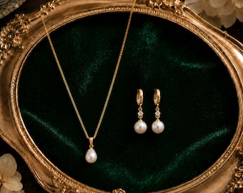 Parure de bijoux de mariée en perles, boucles d'oreilles collier de perles d'eau douce, bijoux de mariage pour la mariée, parure de perles CZ feuille, cadeau de proposition de demoiselle d'honneur