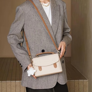 Cream Genuine Leather Handbag, Small Leather Messenger Bag for Women, Top Handle Flap Bag, Everyday Crossbody Purse, Cute Leather Bag