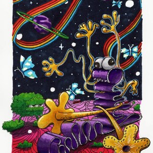 May include: A whimsical illustration featuring a purple creature with large eyes and yellow limbs, set against a starry night sky. Rainbow arcs and planets with rings are above. Butterflies and a yellow star-shaped object are in the foreground. The text "celine mini it is" is visible.