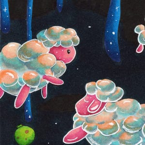 Gros plan sur des créatures rappelant des moutons formés de bulles colorées flottant dans un espace nocturne, symbolisant les pensées et images qui dérivent avant de s’endormir.