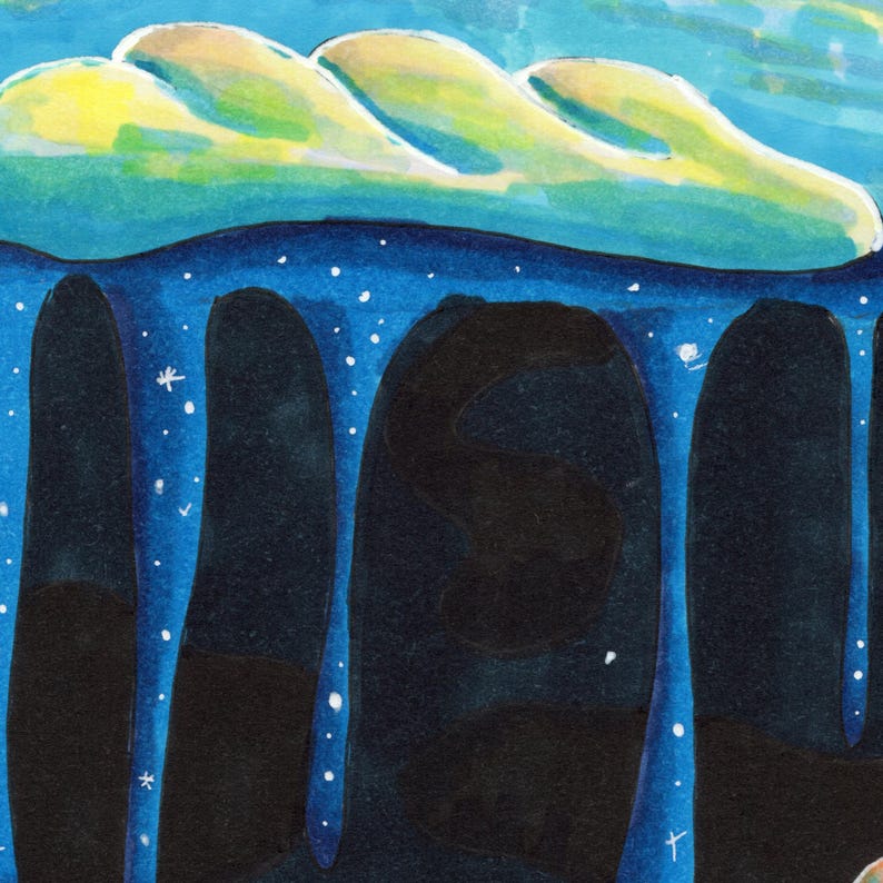 Détail de la partie nocturne d’une illustration avec une nuit bleutée dégoulinante, parsemée de petits points lumineux et de formes abstraites, créant une ambiance cosmique et rêveuse.