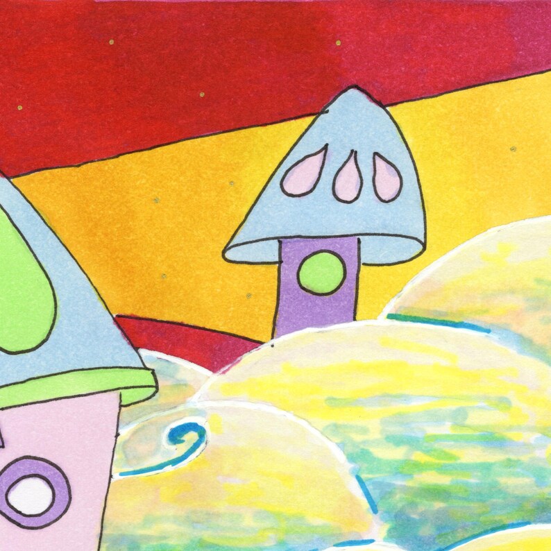 Détail d’un paysage imaginaire avec des maisons aux couleurs douces émergeant de nuages lumineux sous un ciel chaud, évoquant un décor irréel entre le jour et la nuit.