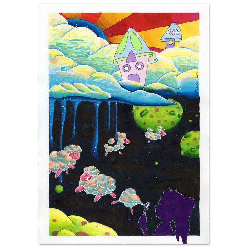Illustration colorée réalisée aux feutres à alcool représentant un paysage onirique entre jour et nuit, avec des nuages lumineux, des maisons irréelles et une nuit dégoulinante peuplée de formes étranges. En bas, un personnage violet souffle des bulles, évoquant l’instant juste avant le sommeil.