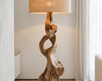 Twisted Wood Floor Lamp, Handcrafted Olive Wood Lighting, Organic Modern Decor